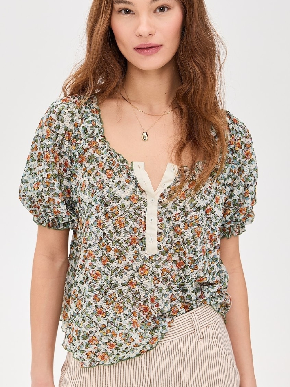 Free People Floral Puff-Sleeve Henley in Light Green and Orange
